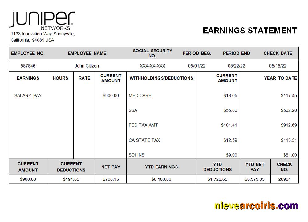 USA Juniper networking company pay stub